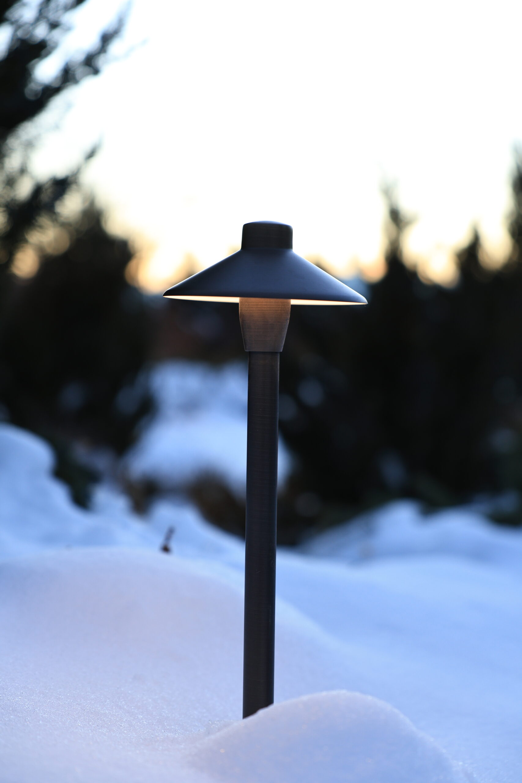 Bronze landscape lighting path light in the snow installed by Night Vision