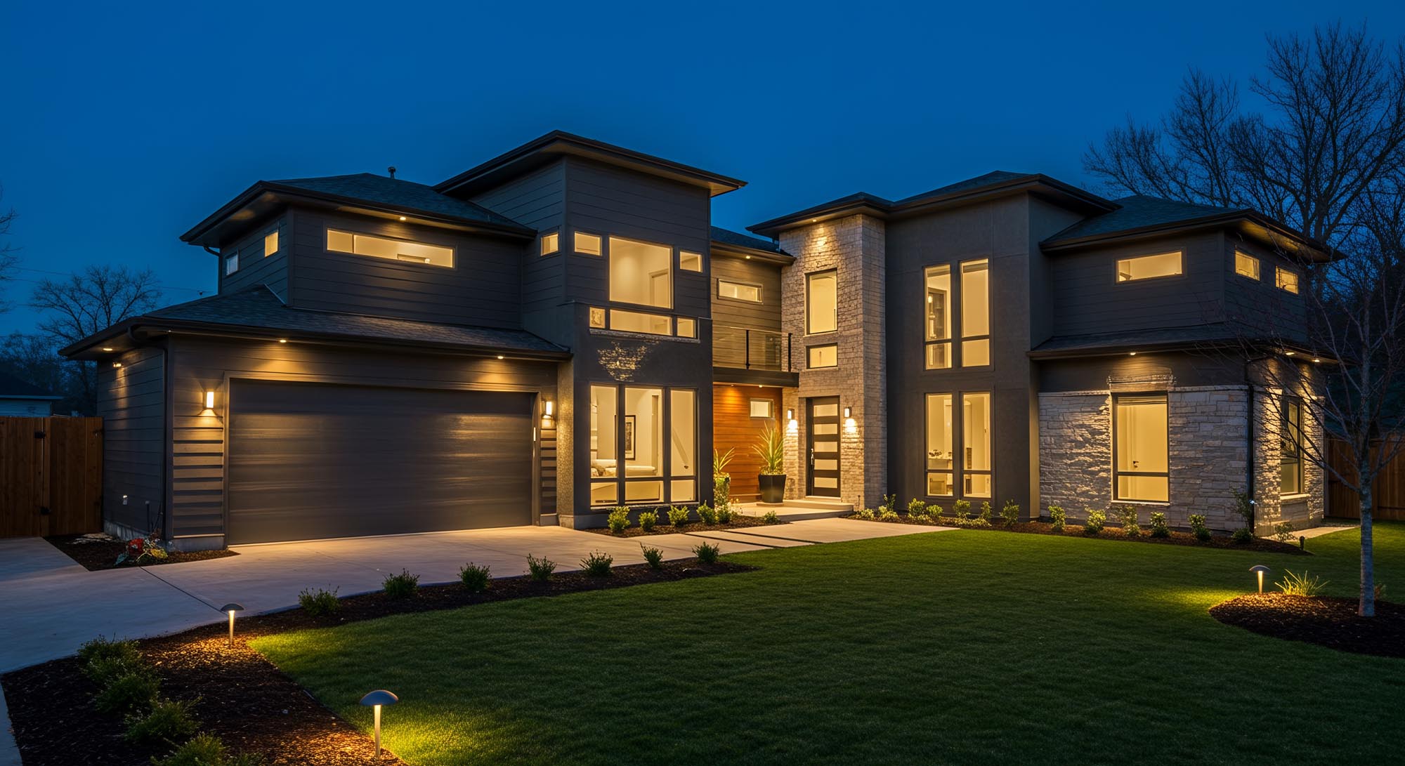 Illuminated modern luxury home exterior at dusk showcasing archi backyard sound system