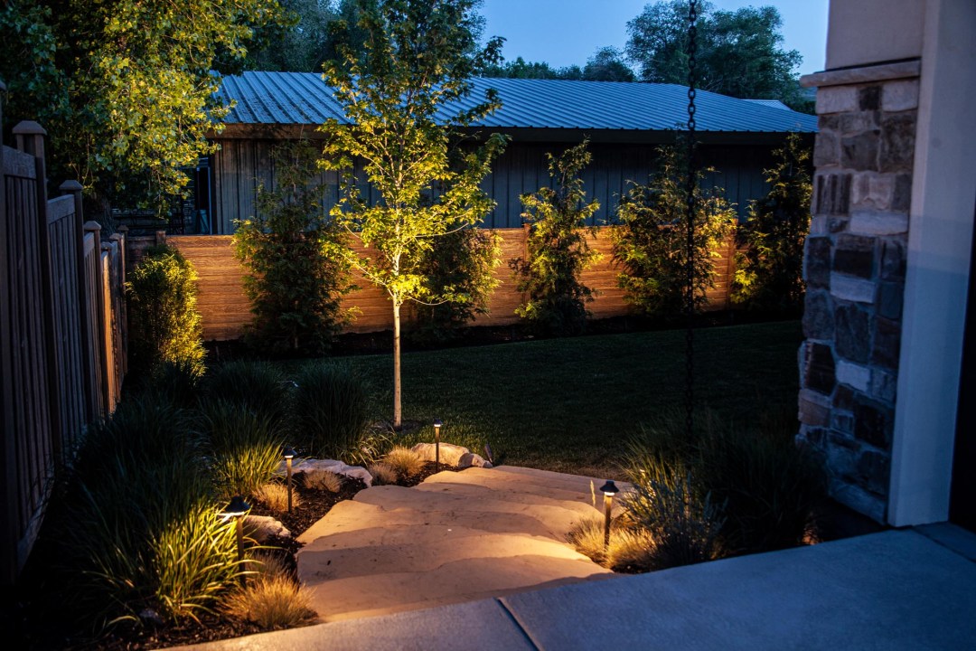 A backyard at night featuring a lighted pathway and trees, showcasing Night Vision Lighting & Electric's work.