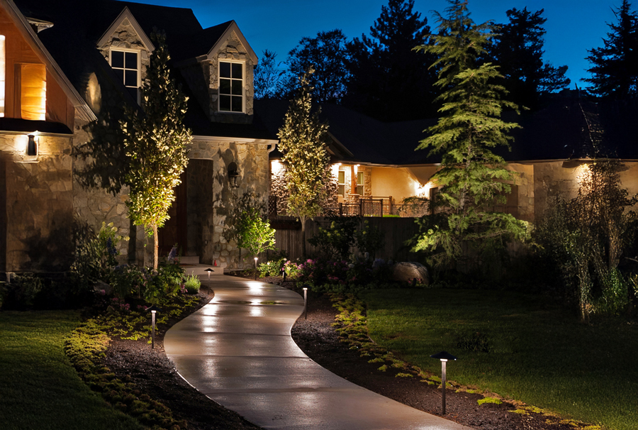A pathway aglow with lights at night, demonstrating the quality of Night Vision Lighting & Electric's installations.