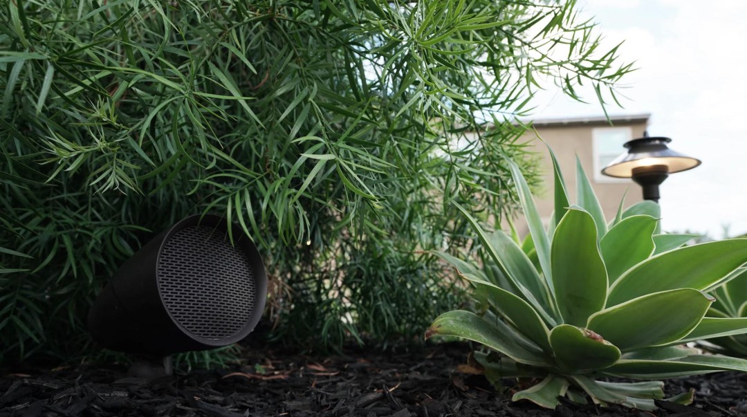 A black speaker positioned centrally in a garden, illuminated by night vision lighting.