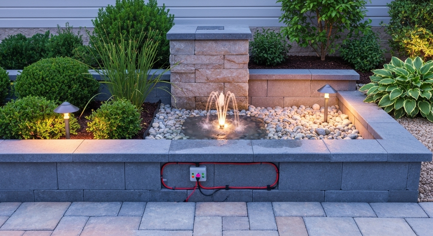 Water feature glows because of water proof light placed directly into the water