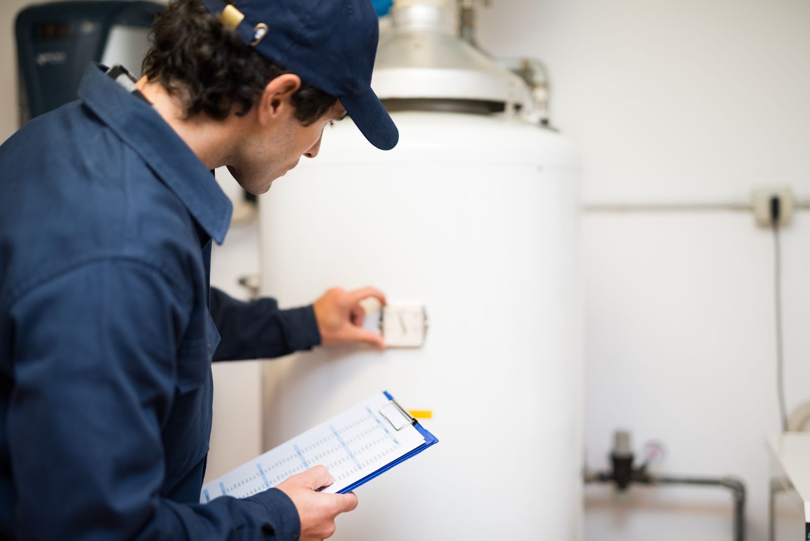 A technician in a blue uniform holding a clipboard while inspecting the dial of a white residential water heater.